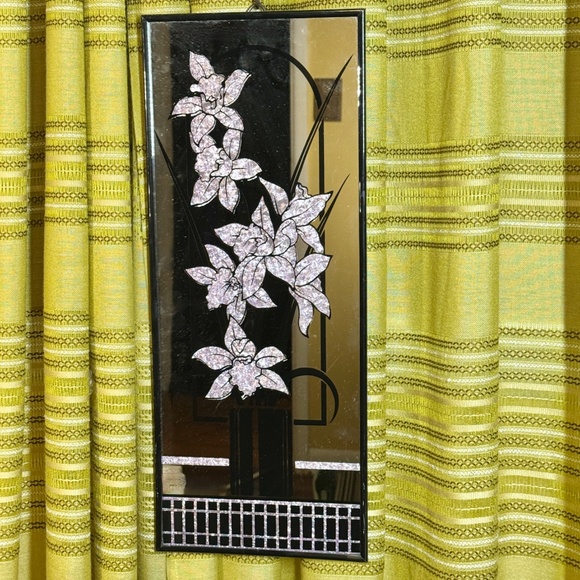 Vintage 80s Duffex mirror, foil art pink flowers, sold individually, 2 available - Picture 1 of 5